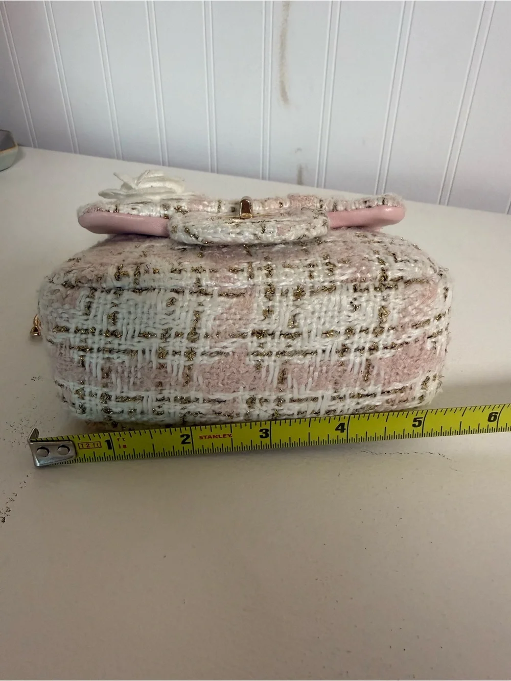 Pink Tweed Mini Crossbody Bag Gold Chain Camellia Flower Turn Lock Purse
